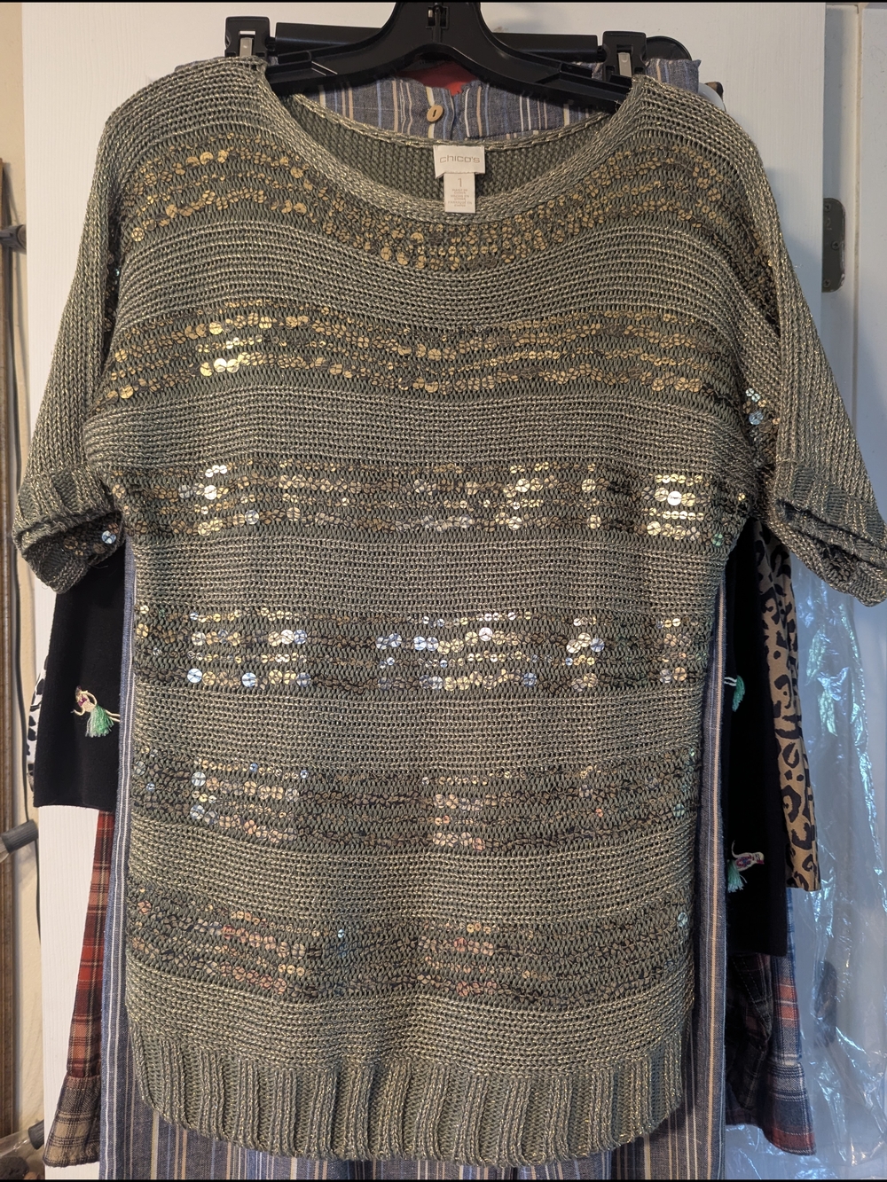 Chico's Olive Green Short-Sleeve Sequin Knit Sweater